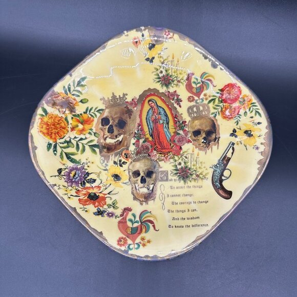 Vintage Decorative Plate Serenity Prayer Lady Of Guadalupe Skulls Floral Yellow - Picture 2 of 10